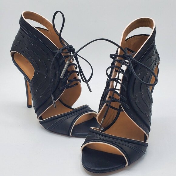 Women's High Heels Black/Beige Sandals with Laces - Picture 1 of 12